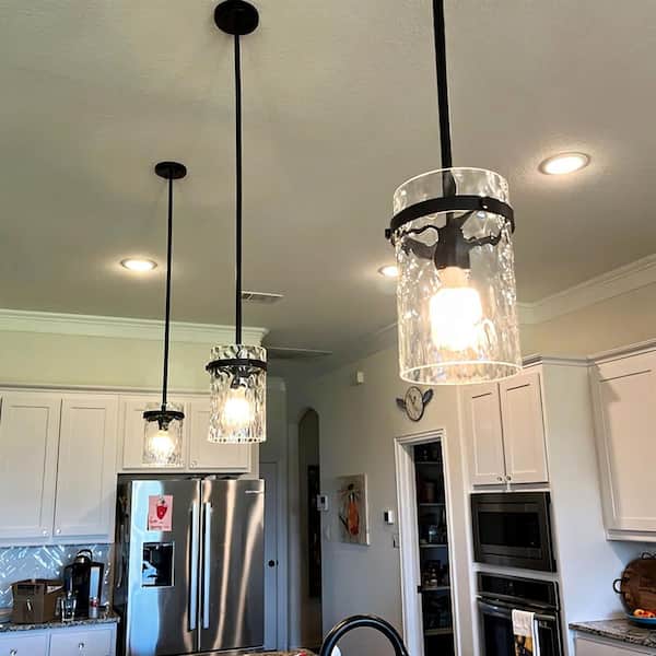 RayHome 2-Pack Black Pendant Light Modern Hammered Glass Shade Adjustable Height for Kitchen and Dining
