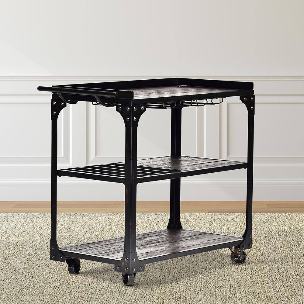Rustic Black and Brown Wood Server Cart with Wine Rack