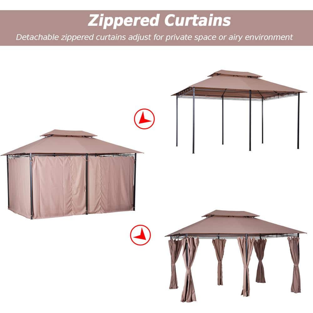 Khaki Steel Frame Outdoor Gazebo with Curtains