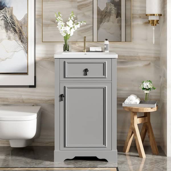 20 in. Freestanding Grey Bath Vanity with White Ceramic Top Door Shelf Bathroom Storage Cabinet Unassembled