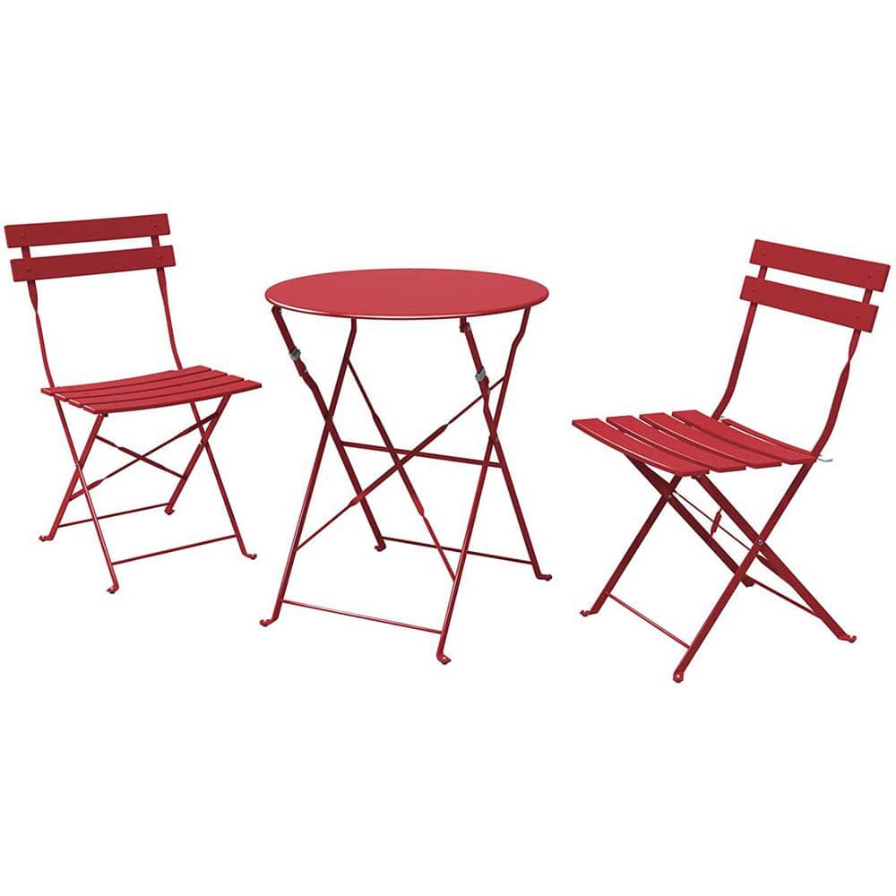 Red 3 Piece Metal Steel Patio Folding Outdoor Bistro Set with Foldable Pati