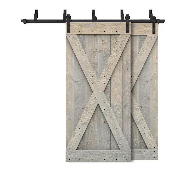 CALHOME 40 in. x 84 in. X Bypass Smoke Gray Stained DIY Solid Wood Interior Double Sliding Barn Door with Hardware Kit