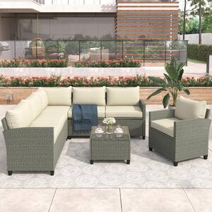 Modern 5-Piece Gary Wicker Outdoor Conversation Set with Beige Cushions, Coffee Table