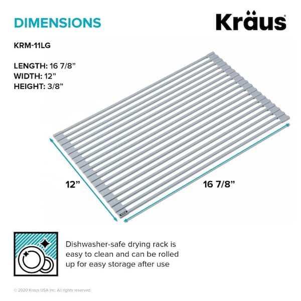 Kraus 12 Inch Multipurpose Over Sink Roll-Up Dish Drying Rack, Light Grey  KRM-11LG