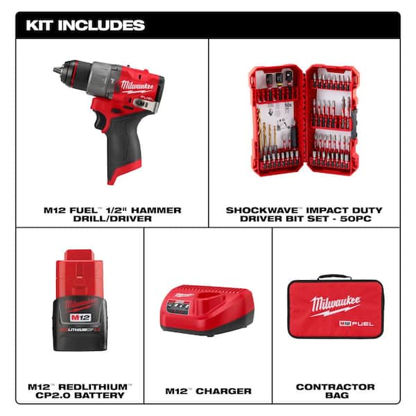 M12 FUEL 12-Volt Li-Ion Brushless Cordless 1/2 in. Hammer Drill Kit w CP 2.0Ah Battery, Charger & Drill Bit Set (50-Pc)