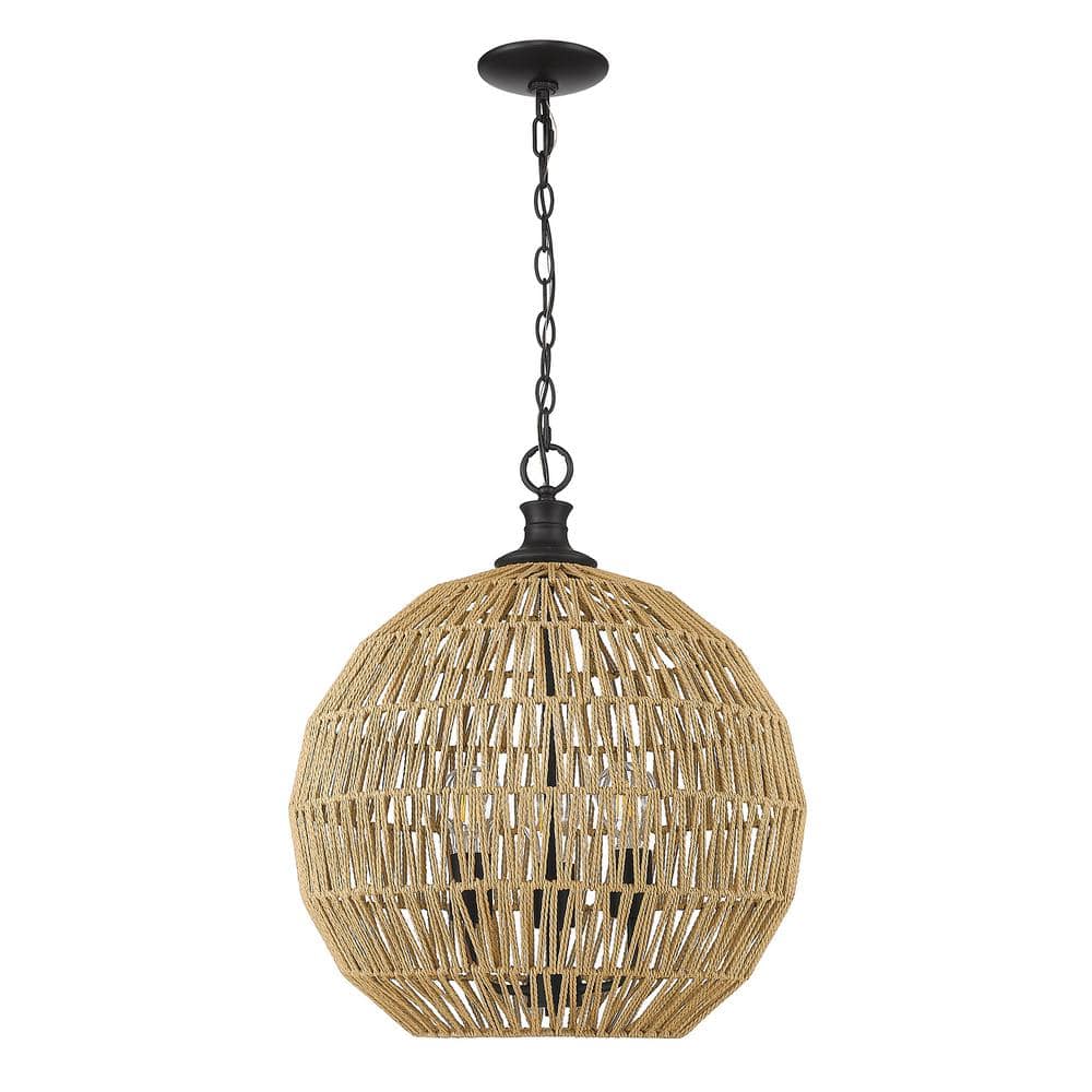 Matte Black Steel 3-Light Pendant with Natural Raphia Rope