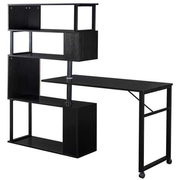 Magic Home 70 8 In Black L Shaped Wood Rotating Computer Table Office Writing Desk With Bookshelf And Lockable Casters Cs Wf196079aae L Shaped Wood Rotating Computer Table, Lockable Computer Desks For Home