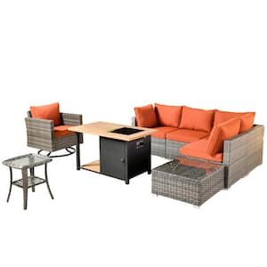 Sanibel Gray 8-Piece Wicker Patio Conversation Sofa Set with a Swivel Chair, a Storage Fire Pit and Orange Red Cushions