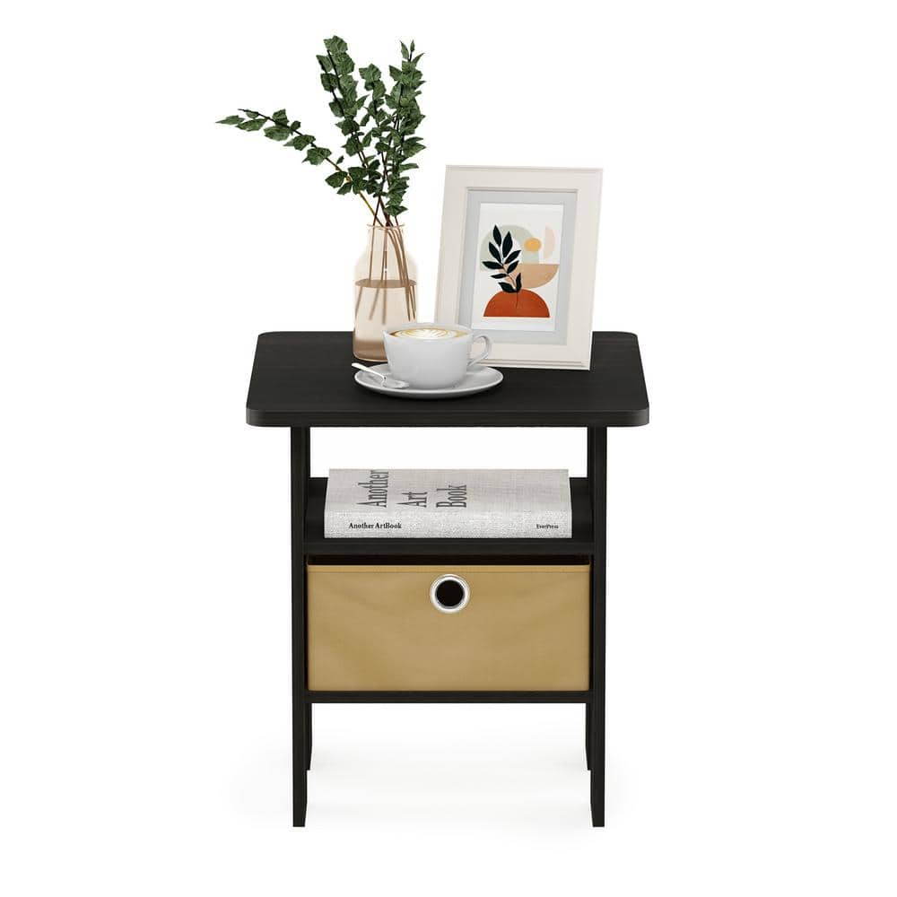 Dark Espresso Wood End Table with Fabric Drawer