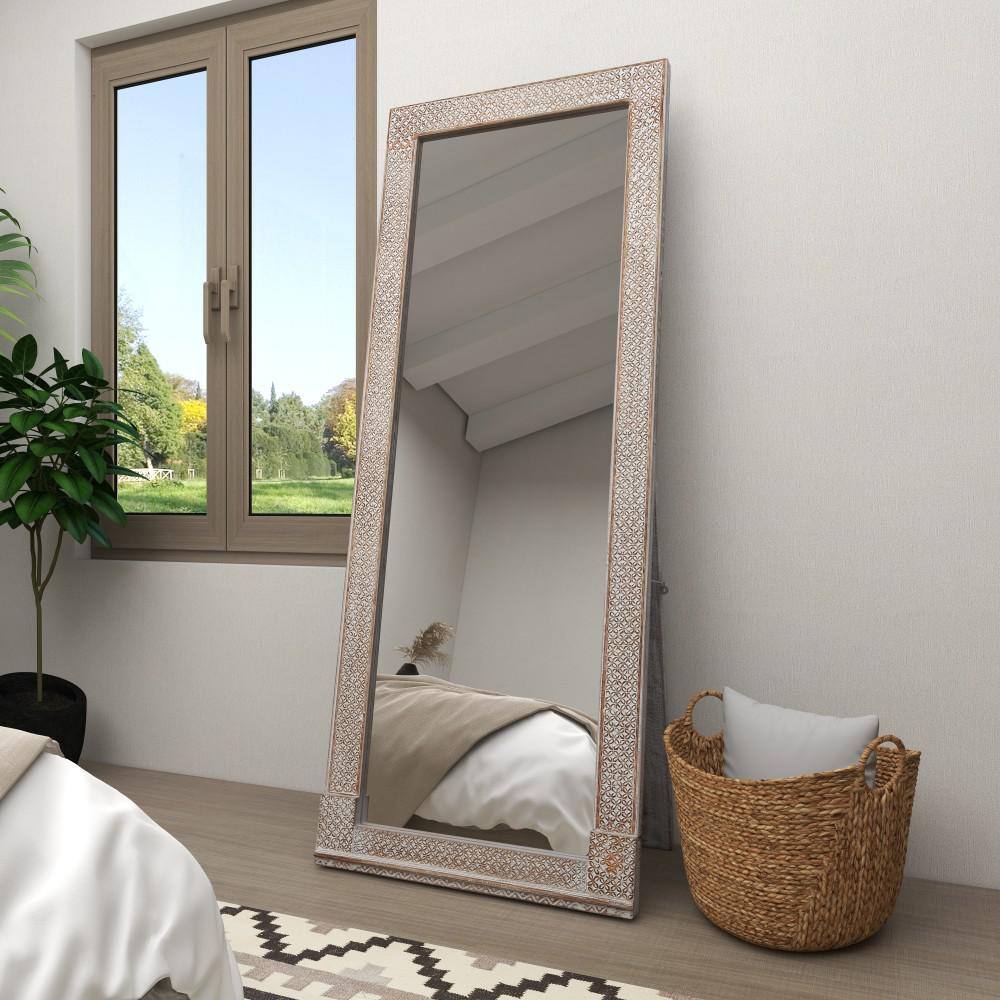 White Intricately Carved Wood Framed Full Length Mirror, 31" x 78"