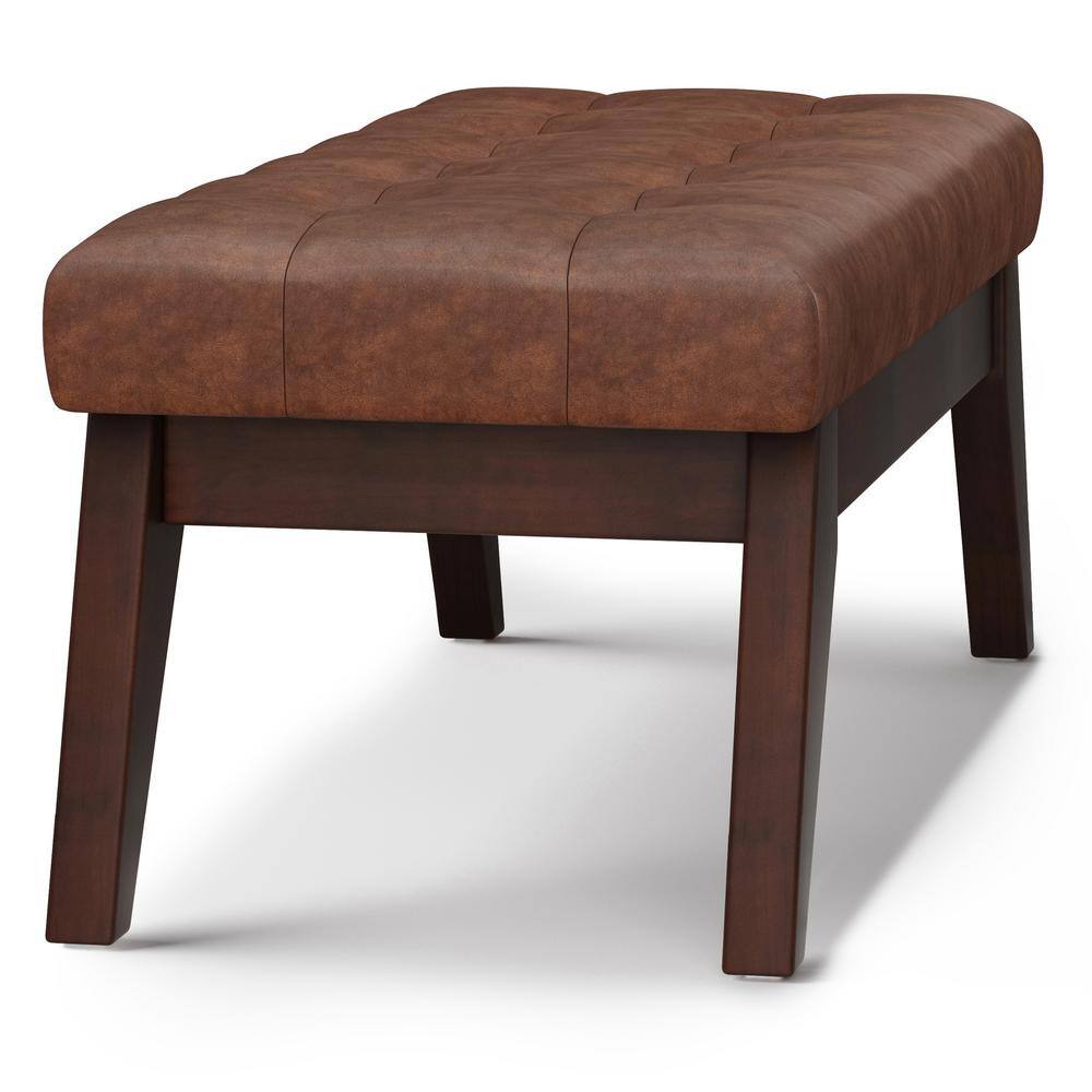 Draper 40" Distressed Saddle Brown Faux Leather Tufted Ottoman Bench