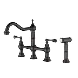 Double Handle Solid Brass Hot and Cold Bridge Kitchen Faucet with Pull Out Side Spray in Antique Bronze