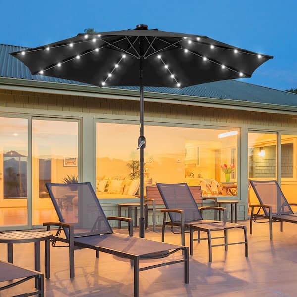 9 ft. Solar LED Market Patio Umbrellas with Solar Lights and Tilt Button in Dull Black