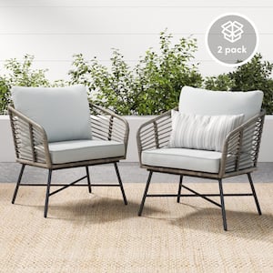 Flow Matte Black Upholstered Armchair Aluminum Outdoor Lounge Chair w/Pale Gray Cushion and Rattan Details, Set of 2