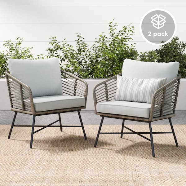 Nathan James Flow Matte Black Upholstered Armchair Aluminum Outdoor Lounge Chair w/Pale Gray Cushion and Rattan Details, Set of 2