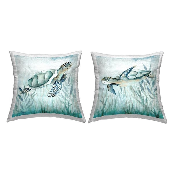 Turtles Among Seaweed Blue Square Outdoor Throw Pillow 2-Pack