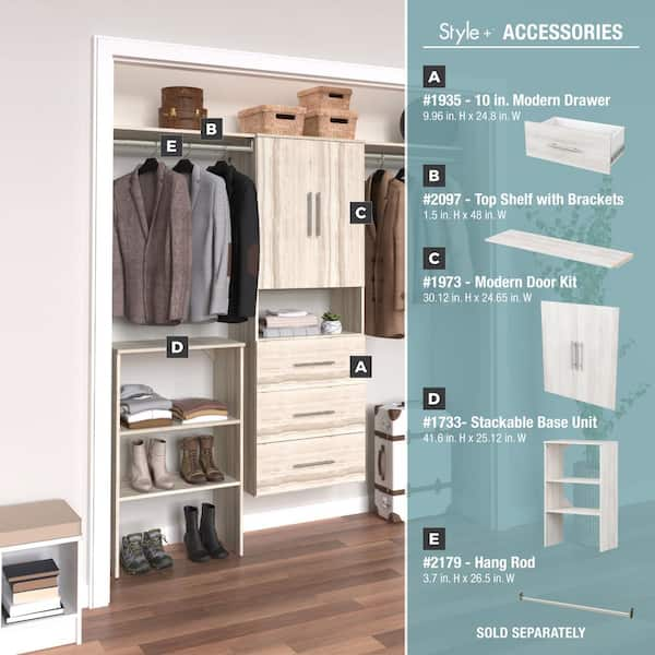 ClosetMaid Style+ 73.1 in W - 121.1 in W Coastal Teak Basic Wood Closet System Kit with Top Shelves and Modern Drawers