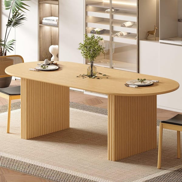 Oval Natural Wooden Solid Wood 79 in. Wood Pedestal Base Dining Table Seats 8