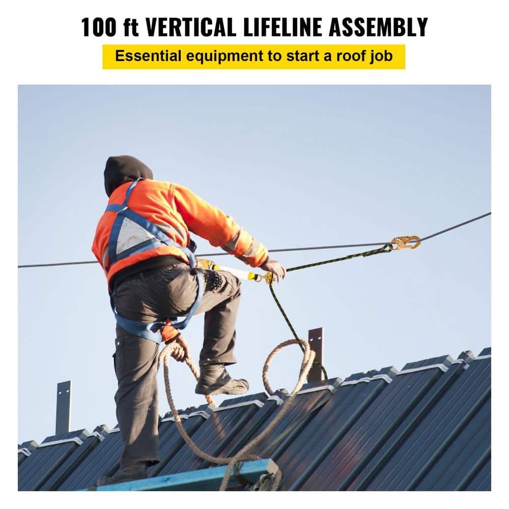 100 ft Black and Yellow Polyester Fall Protection Rope with Steel Snap Hooks