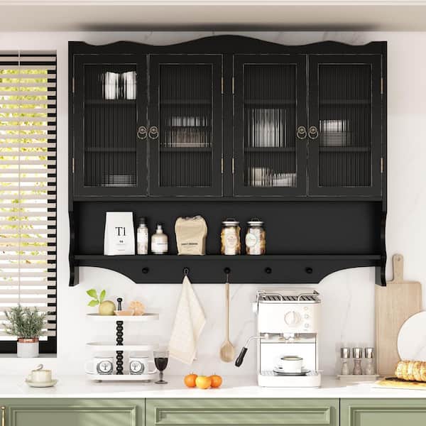 Elroy Retro Antique Black 31.50 in. H Bathroom Storage Wall Cabinet with 4-Door, Open Hook Rack