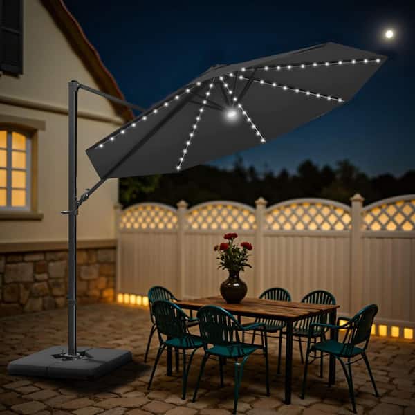 10 ft. x 10 ft. Market Cantilever Solar LED Patio Umbrella with 360° Rotation in Black
