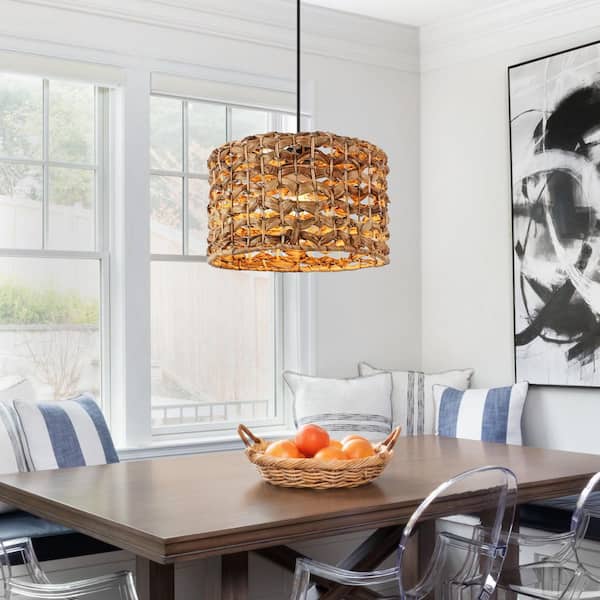 ZSMIHDOH 11.4 in. 1-Light Black and Natural Pendant Light with Rattan Shade, No Bulbs Included