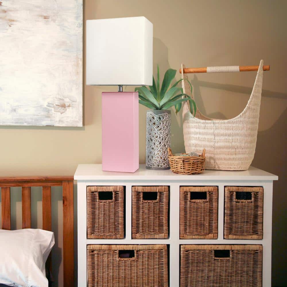 Pink Leather Table Lamp with White Fabric Shade