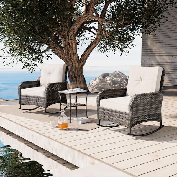 EAGLE PEAK 3-Piece Wicker Outdoor Rocking Chairs Patio Conversation Set with Cushions and Table