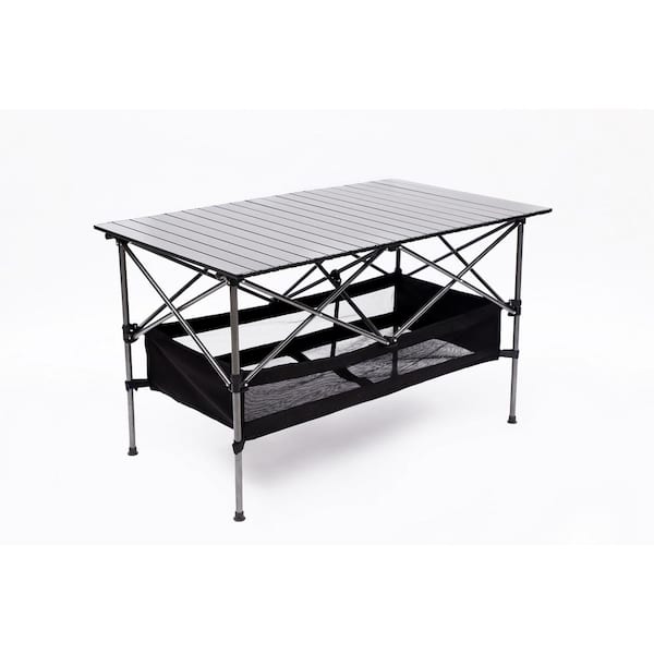 Amucolo 44.46 in. Black Aluminum Lightweight Roll-Up Rectangular Folding Outdoor Picnic Table with Carrying Bag
