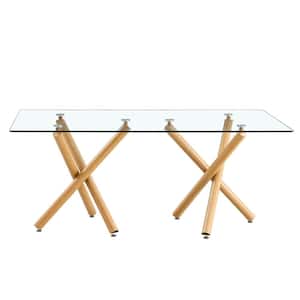 Large Modern Rectangular Clear Glass Dining Table 71 in. Wood Color Double Cross Legs Table Base Dining Table Seats 6