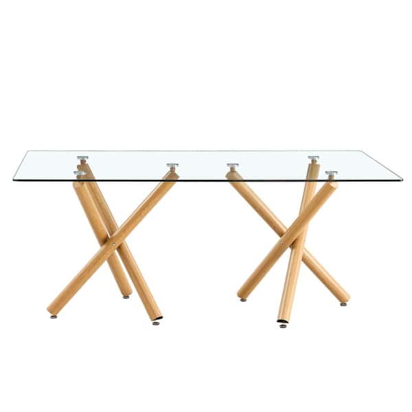 Polibi Large Modern Rectangular Clear Glass Dining Table 71 in. Wood Color Double Cross Legs Table Base Dining Table Seats 6