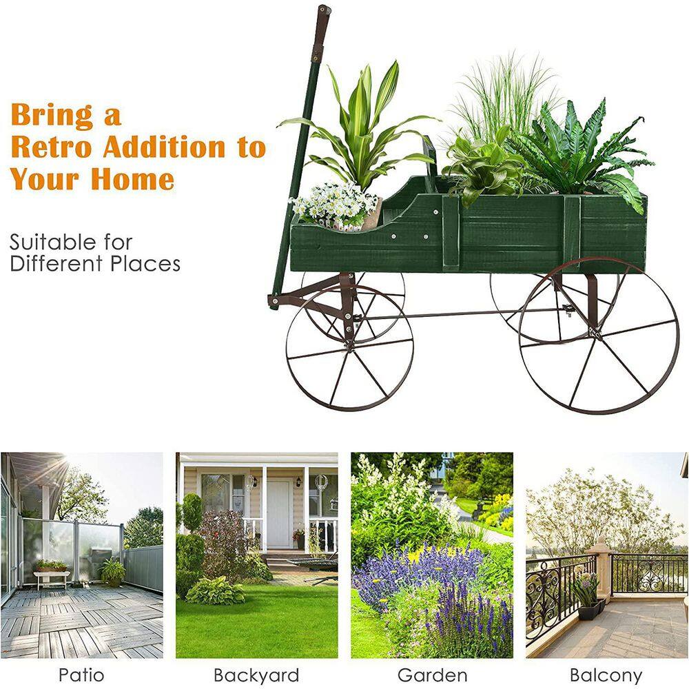 Green Fir Wood Wagon Planter with Metal Wheels