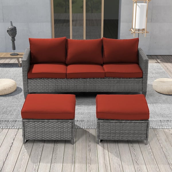 JOYESERY 3-Seater Patio Gray Wicker Sofa set with Ottomans, Rust Red Cushion