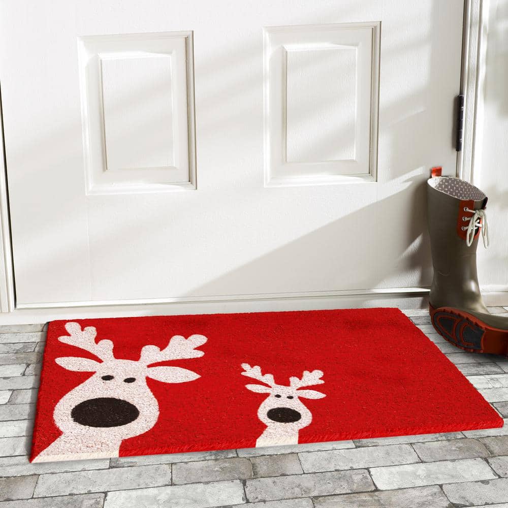 Red and White Coir Christmas Reindeer Outdoor Doormat