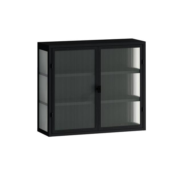 FUNKOL 5.91-in W x 23.62-in D x 27.56-in H in Black Iron Ready to Assemble Wall Kitchen Cabinet with Mirror