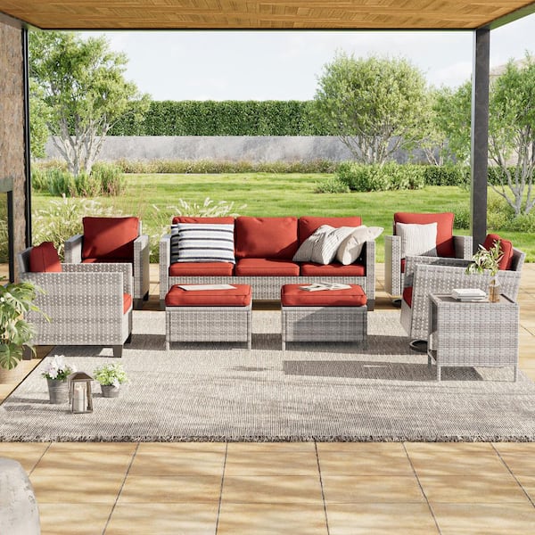 8-Piece Patio Outdoor Grey Wicker Conversation Seating Set Thickening Rust Red Cushions With Swiveling Rocker