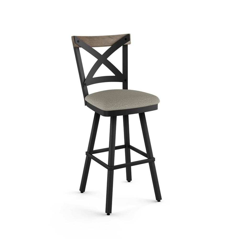 Beige and Black Swivel Bar Stool with Wood Backrest