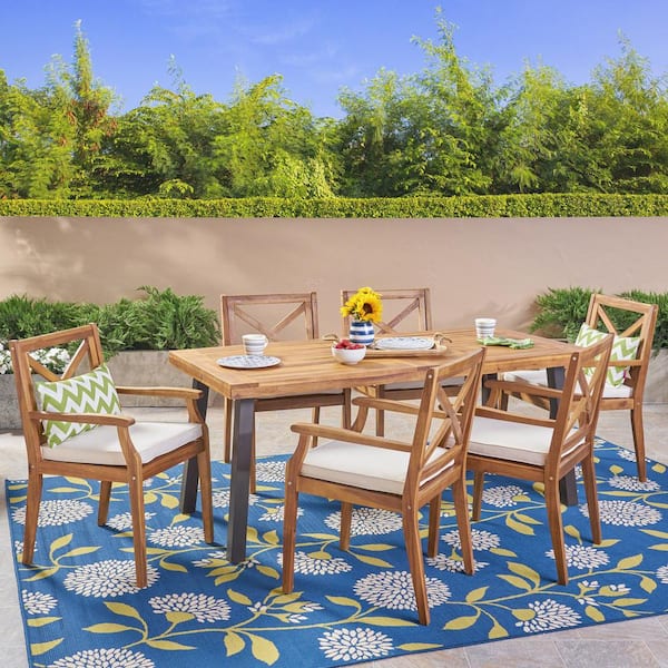 Juniper Teak Brown 7-Piece Wood Outdoor Patio Dining Set with Cream Cushions