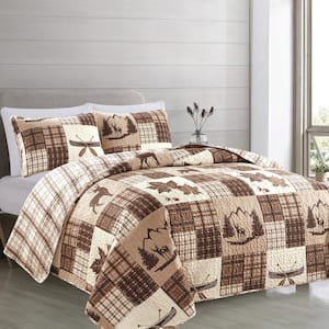 Red Reversible Rustic Lodge Patchwork King Microfiber 3-Piece Quilt Set Bedspread