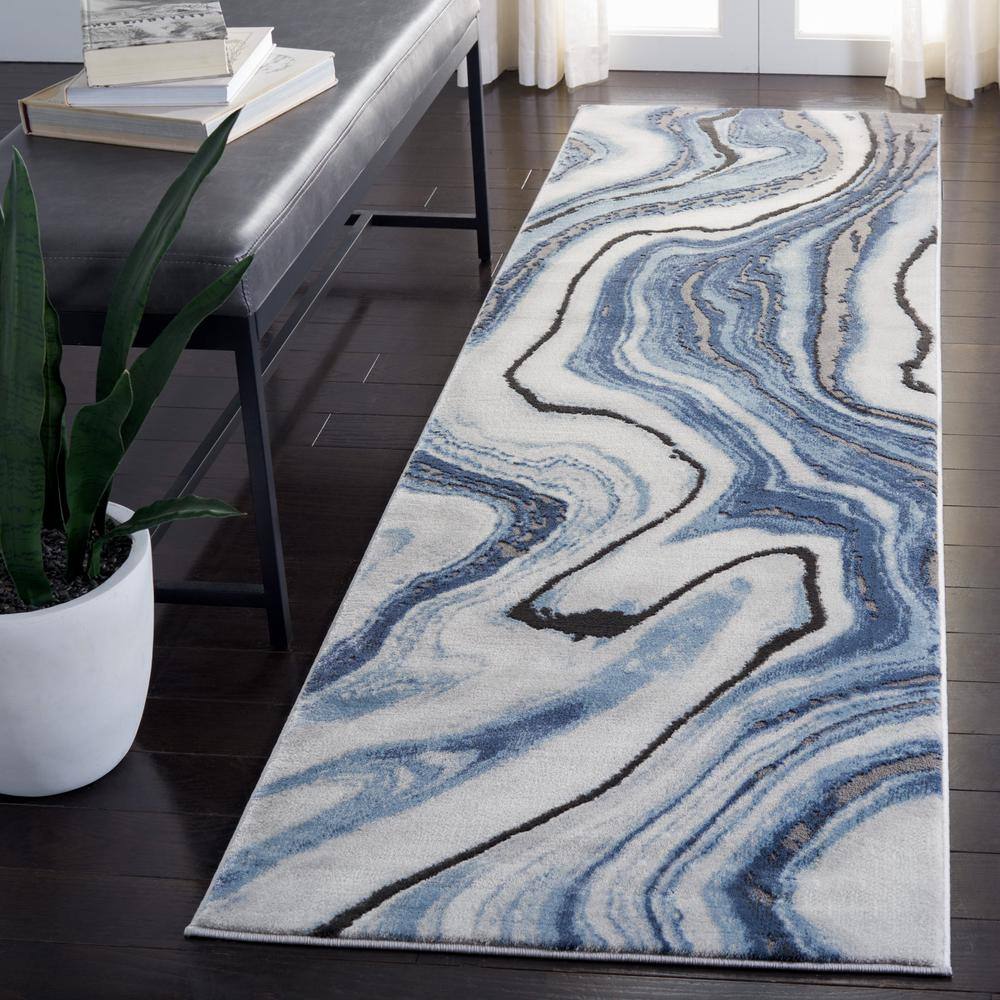 Abstract Blue-Grey Swirl Synthetic 27'' Hand-Knotted Runner Rug