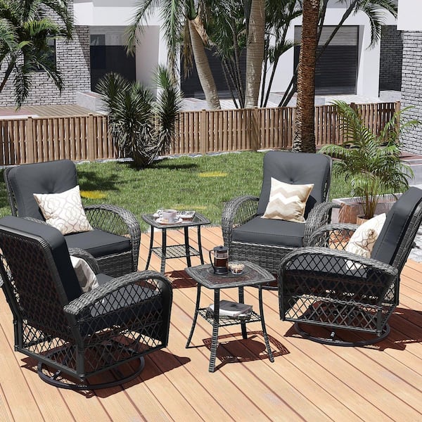 PATIO WATCHER 6-Piece Gray Metal Wicker 360° Patio Conversation Outdoor Rocking Chair Set with Dark Gray Cushions