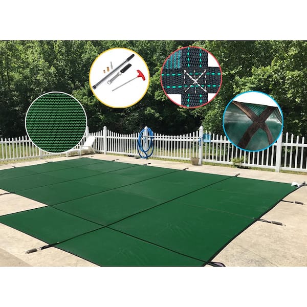 Water Warden 16 ft. x 32 ft. Rectangle Green Mesh In-Ground Safety Pool Cover Right Side Step, ASTM F1346 Certified