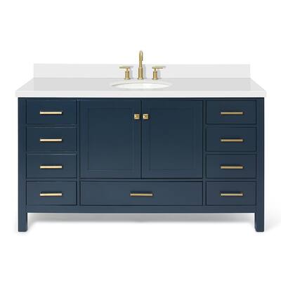 Cambridge 61 in. W x 22 in. D x 35 in. H Vanity in Midnight Blue with Quartz Vanity Top in White with Basin