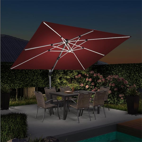 PURPLE LEAF 9 ft.x 12 ft. Aluminum Solar Powered LED Patio Cantilever Offset Umbrella with Stand, Terra