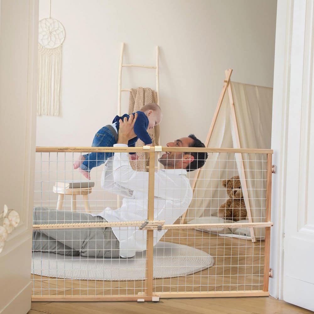 Extra-Wide White Wood and Metal Mesh Baby Gate