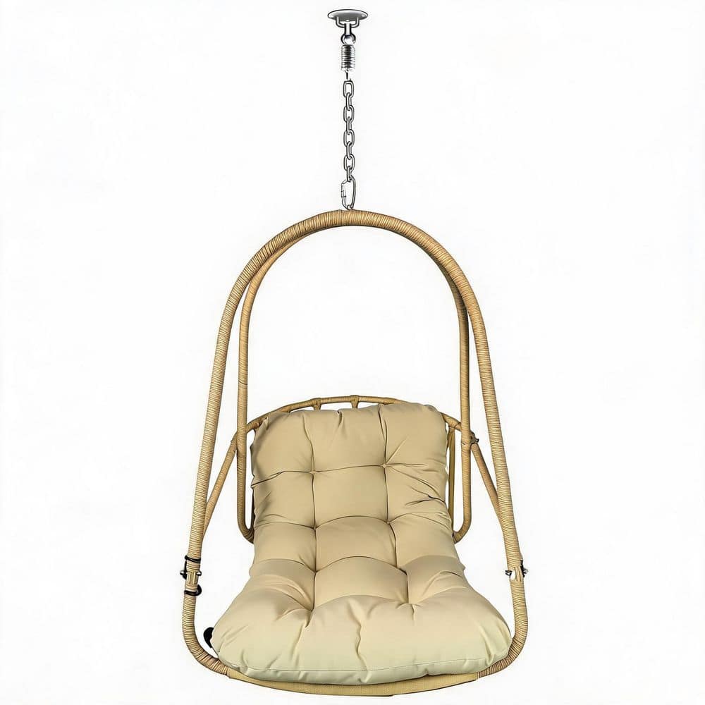 1-Person Beige and Brown Wicker Patio Swing with Cushion and Pillow for Indoor Outdoor Use