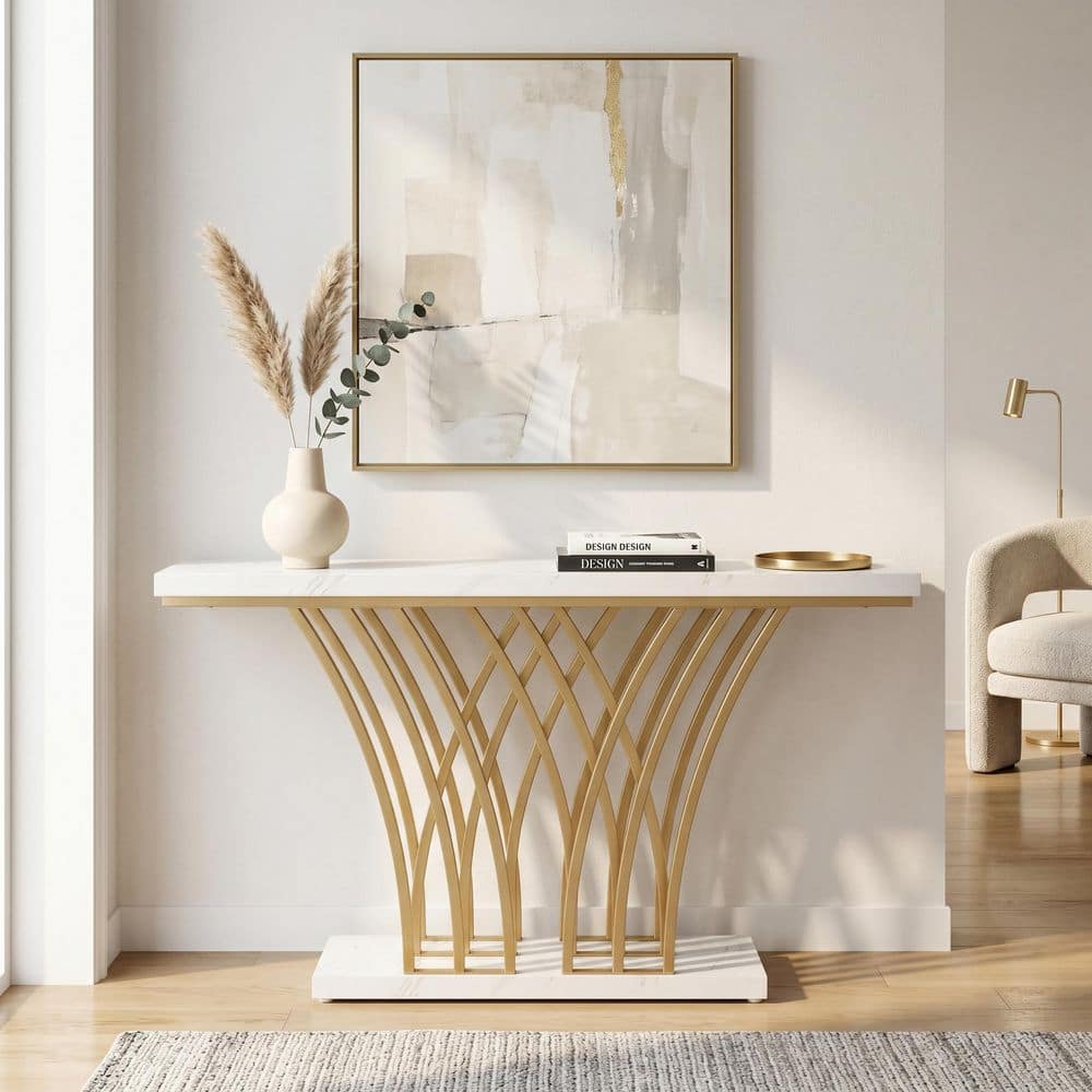 59 in.Modern Gold Console Table with Faux Marble Top and Geometric Metal Base,Engineered Wood Entryway Table for Hallway price history on PriceWatchPro
