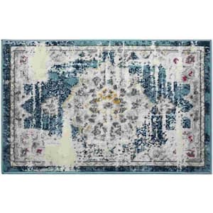 Vintage Low Pile Non-Shedding Distressed Mat in Blue 2 ft. x 3 ft. Boho Medallion Area Rugs Rectangle