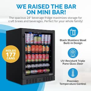 24 in. 177 Can Built-in Beverage Fridge Refrigerator Cooler in Black Stainless Steel with Precision Temperature Control