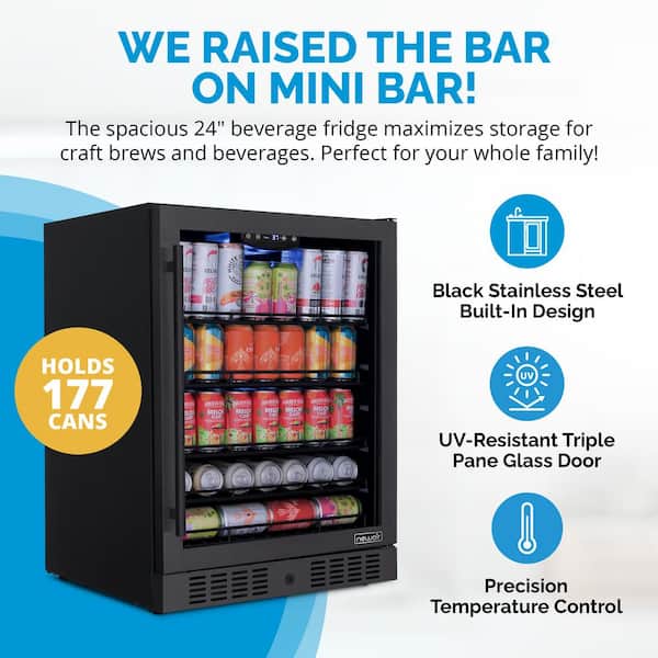 24 in. 177 Can Built-in Beverage Fridge Refrigerator Cooler in Black Stainless Steel with Precision Temperature Control